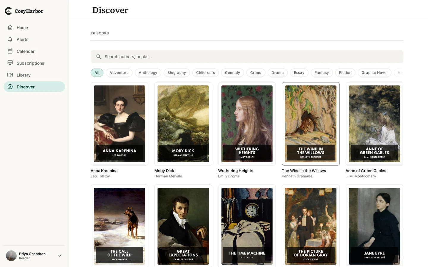 The Discover catalog browsed by genre, from public-domain classics to brand-new books.