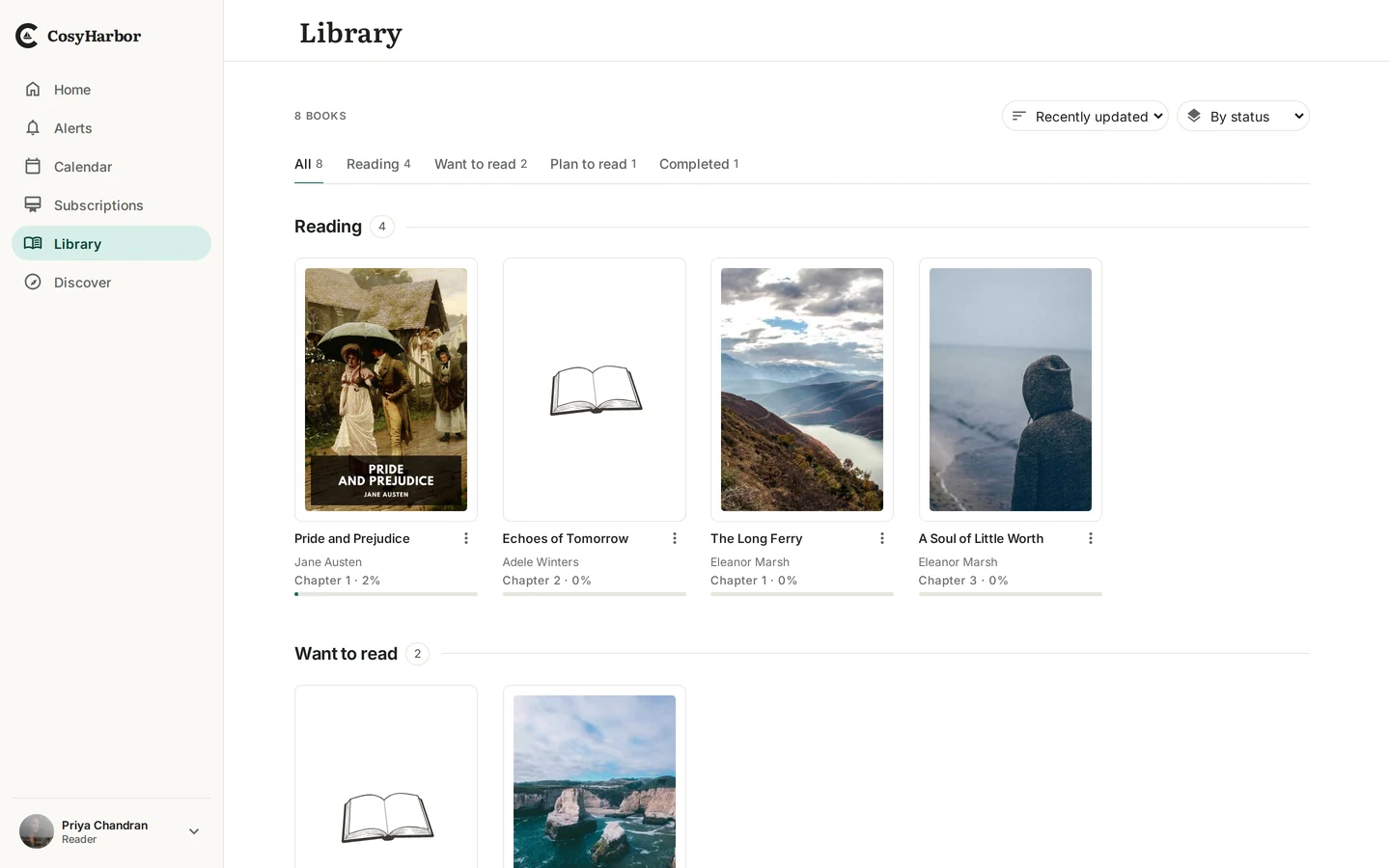 A reader's library on CosyHarbor: The Count of Monte Cristo and Pride and Prejudice beside new books in progress, each with reading progress.