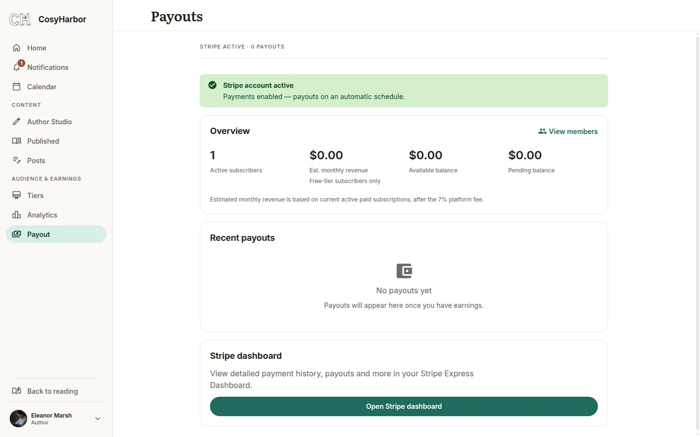 The payouts page with a connected Stripe account.