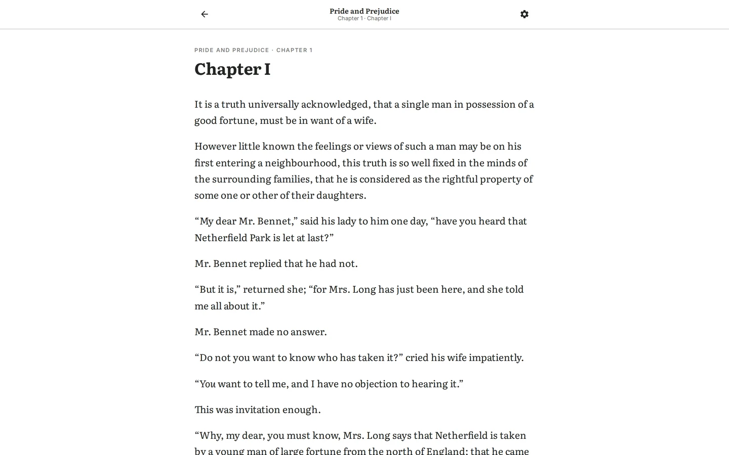 The CosyHarbor reader open on chapter one of Pride and Prejudice by Jane Austen.